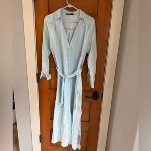Zara Light Blue Long Sleeve Maxi Dress with Belt